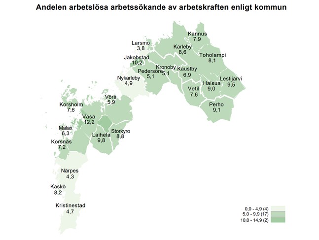 Närpes och Kristinestad bildar ett stort ljust område på NTM-centralens karta. Här är arbetslösheten fortfarande låg.