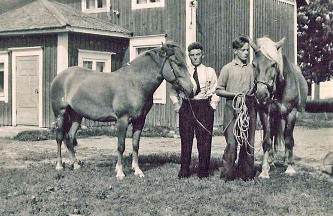 Kurt Nordman (till höger) som femtonåring och hans pappa. Hästarna heter Len och Linus. Bilden finns i texten om Komossa. "Av klädseln att döma är pappa på väg till en begravning" skriver Nordman i boken.