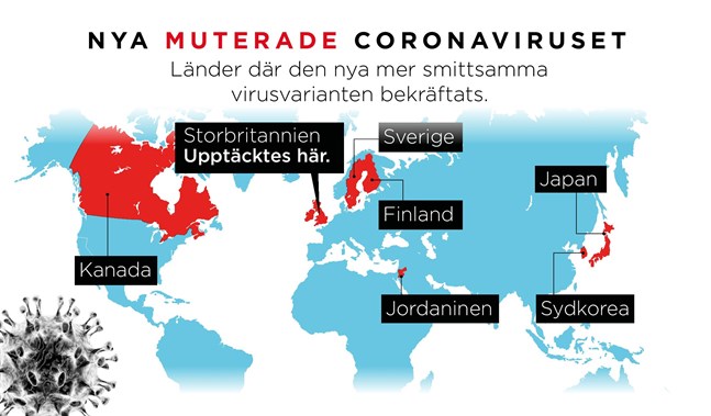 I de här länderna har den nya virusvarianten påträffats hittills.