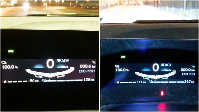 Före och efter. Bilen gick från en räckvidd på drygt 100 kilometer (talet nere till höger) till drygt 250 kilometer.