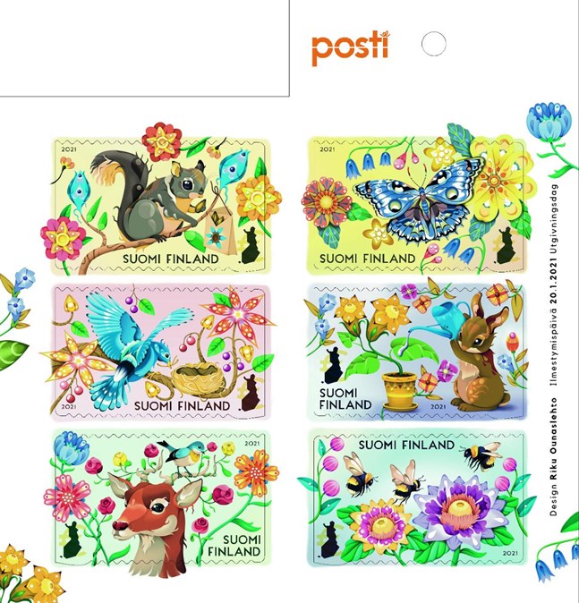 Alla hjärtans dag-frimärken med sagolika djur och blommor.