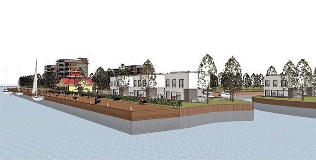 Arkitekten Mats Björklund och Harry Nygrens plan för inre hamnen hamnen innefattar höghus och egnahemshus samt nya båthamnar.