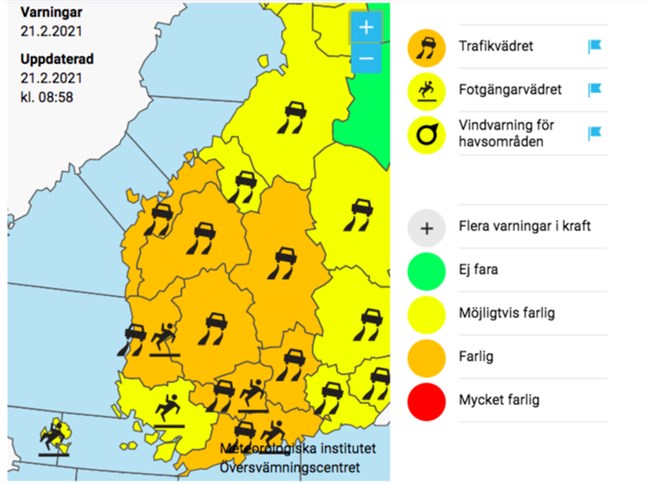 Meteorologiska institutet varnar för mycket dåligt väglag i Österbotten under söndagen.