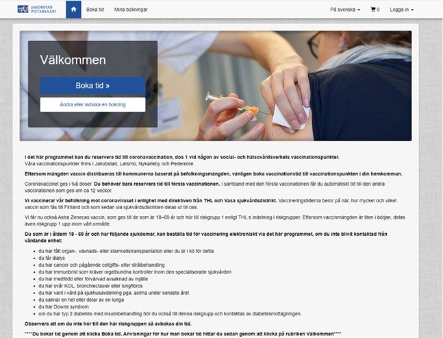 Ett elektroniskt tidsbokningssystem till coronavaccineringen tas i bruk i Malmskas område.