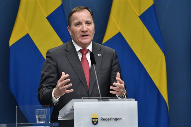 Statsminister Stefan Löfven vid en digital pressträff på onsdagen.