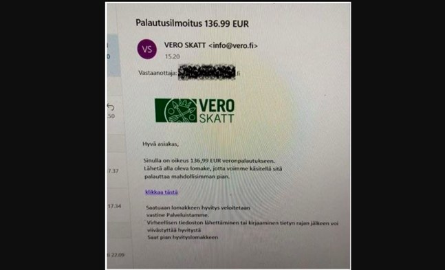 Så här ser bluffmeddelandet från "Skatteförvaltningen" ut. Ett sådant här meddelande skickades till flera småföretagare i Finland förra veckan. Skatteförvaltningen rekommenderar att man förstör meddelandet omedelbart.