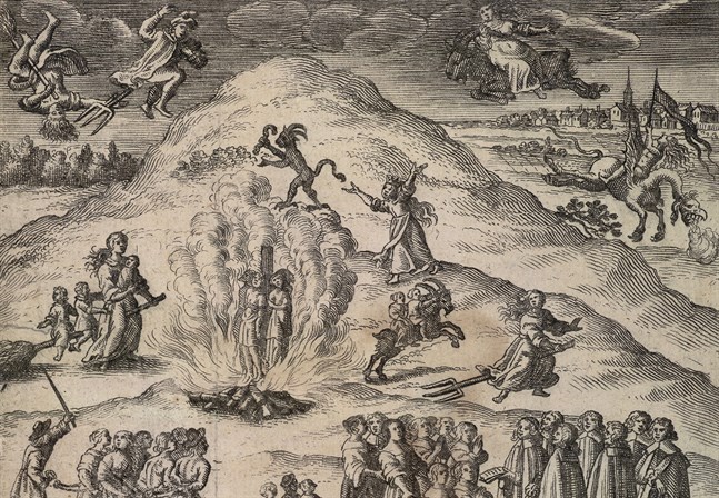 Utsnitt av ett tyskt kopparstick från 1670. Här skildras hur trolldom uppfattades under tidigmodern tid. Bilden är baserad på hörsägen om trolldomsprocesser och massavrättningar i Mora socken. Kungliga biblioteket, Stockholm