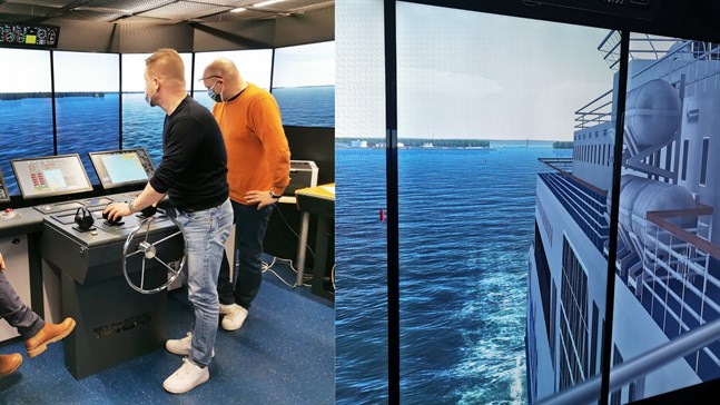 Jarkko Rinne och Johannes Sjöholm vid simulatorn, på andra bilden syns "utsikten" bakåt från bryggan.