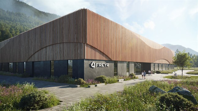 Så här har arkitekterna planerat att Freyrs batterifabrik i Mo i Rana ska se ut 2025.