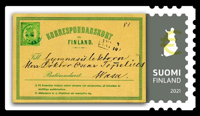 På frimärkena i frimärkshäftet presenteras Finlands första postkort som författaren Zachris Topelius skickade till sin kusin i Vasa 1871.