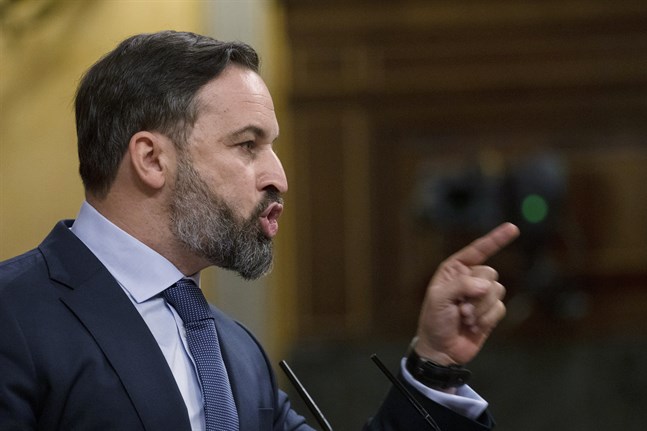 Santiago Abascal, partiledare för högerextrema Vox, under ett tal i det nationella parlamentet i Madrid i oktober i fjol.