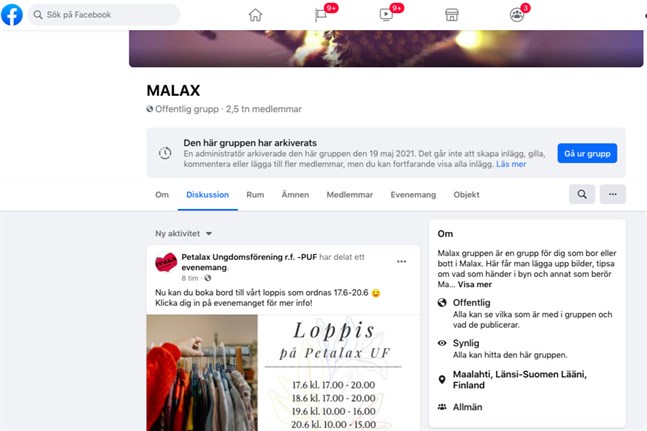 Facebookgruppen Malax har funnits i snart tre år och har nästan 2500 medlemmar. Den är stängd tills vidare.