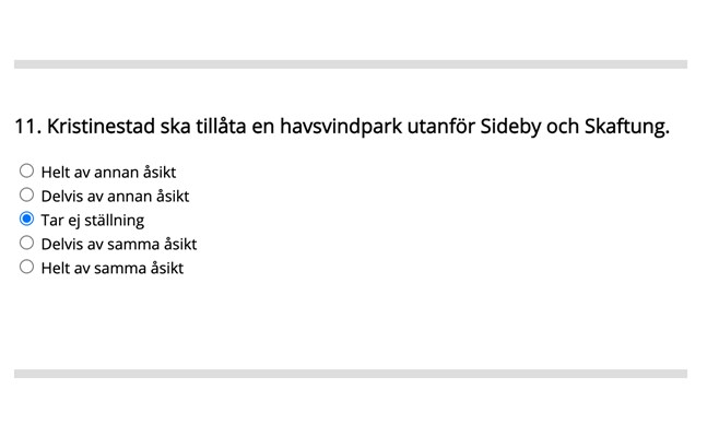 En av de kommunspecifika frågorna för Kristinestad är om staden ska tillåta en havsvindpark utanför Sideby och Skaftung.