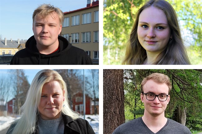 De yngsta kandidaterna i respektive kommun är uppe från vänster: 18-årige Joona Kaunonen (Sannf) i Kaskö, 22-åriga Amanda Åkersten (SFP) i Korsnäs, 18-åriga Nicole Sten (SFP) i Närpes och 21-åriga Eino Laine (Saml) i Kristinestad.
