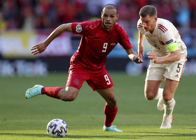 Danmarks anfallare Martin Braithwaite i matchen mot Belgien.