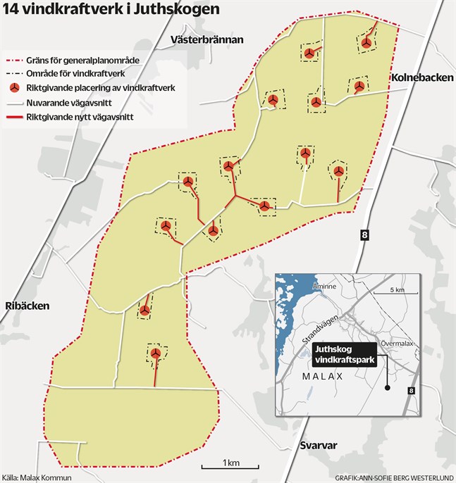 Så här placeras vindkraftverken enligt delgeneralplanen för Juthskogen.