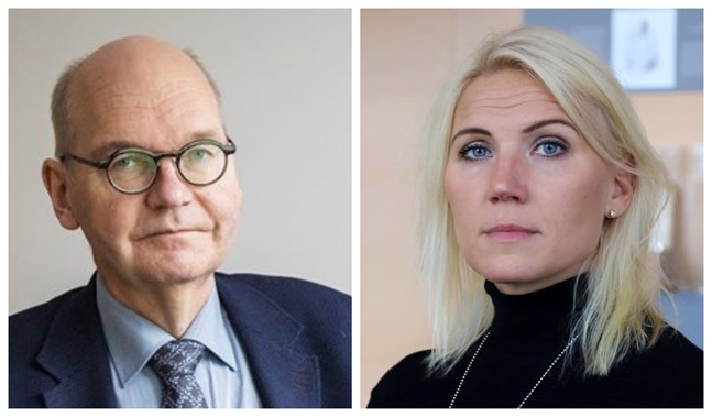 Heikki Kaukoranta, Vasas ledande överläkare och Marina Kinnunen, sjukvårdsdirektör. De båda påpekar vikten av att också vaccinerade fortsätter bära munskydd i allmänna utrymmen.