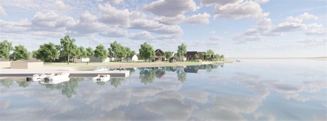 En småbåtshamn planeras längst norrut, där det nu finns en plats för att ta upp båtar. Intill den finns egnahemshustomter med egen strand.