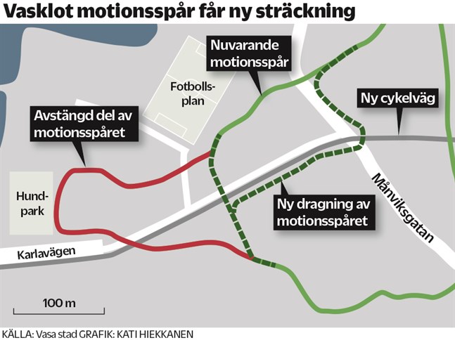 Motionsspåret flyttas från sin nuvarande plats från bredvid hundparken till att gå längs med cykelvägen istället.