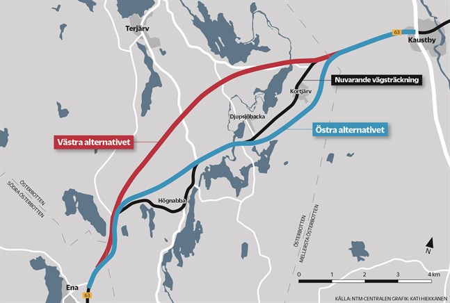 Det blir det västra alternativet för stamväg 63, den röda linjen på kartan, som planeras vidare.