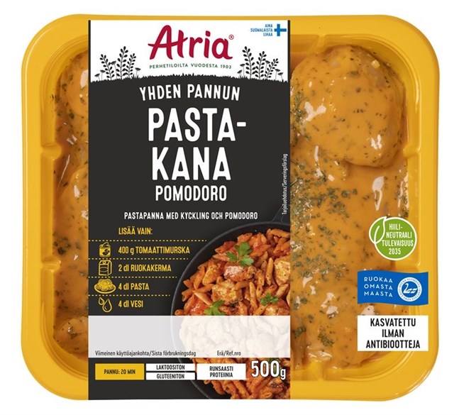 Atria återkallar produkten "Pastakana Pomodoro 500 g", som på svenska heter Pastapanna med kyckling och pomodoro.