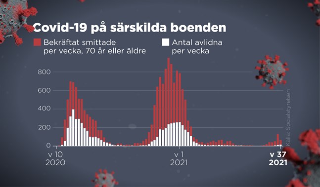 Bekräftat smittade och antal avlidna på särskilda boenden per vecka 2020–2021.