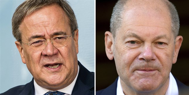 Det är extremt jämnt mellan Armin Laschets (till vänster) CDU och Olaf Scholz (till höger) SPD. Arkivbild.