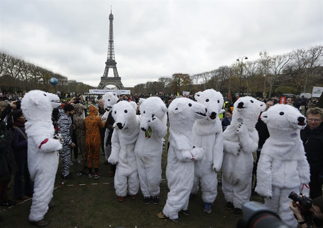 Aktivister i isbjörnsdräkter demonstrerade i närheten av Eiffeltornet när världens länder enades om Parisavtalet den 12 december 2015. Arkivbild.