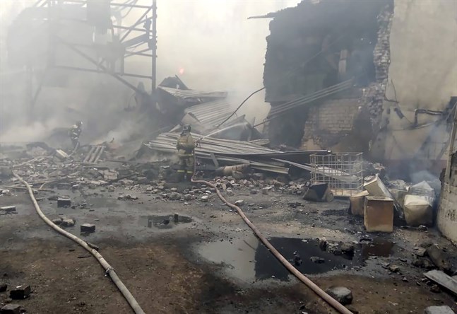 Förstörelsen är stor efter en explosion på en sprängmedelsfabrik i Ryazanregionen i Ryssland.