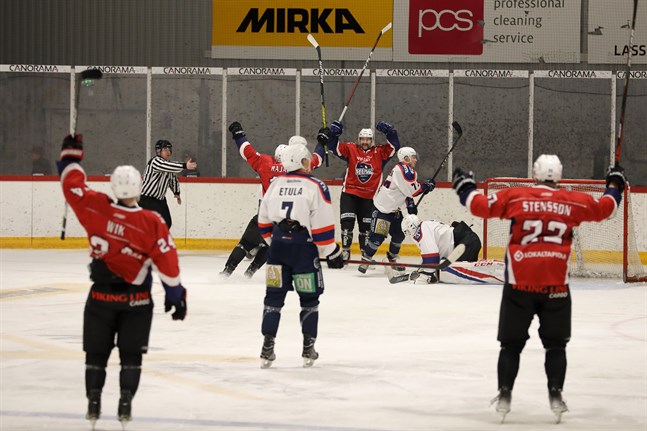 Marcus Wik och Oliwer Stensson jublar för Muik mot S-Kiekko.