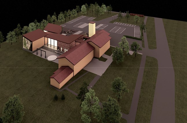 Så här kommer Larsmo kommungård att se ut efter tillbyggnaden enligt Polyplan Ab:s skiss. Fullmäktigesalen kommer att ha en glasfasad mot S-Market.