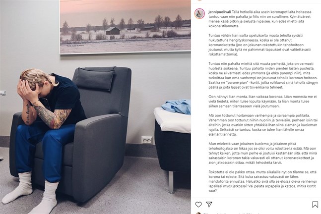 Skärmbild från intesivvårdsläkaren Jenni Puolivälis Instagramsida.
