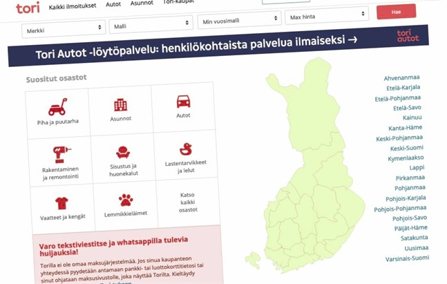 Skärmdump. Schibsted äger bland annat näthandelsplatsen Tori.fi och bostadsförmedlingssidan Oikotie.