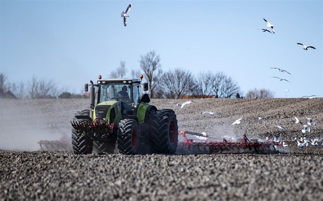 En traktor rullar fram på åkern.