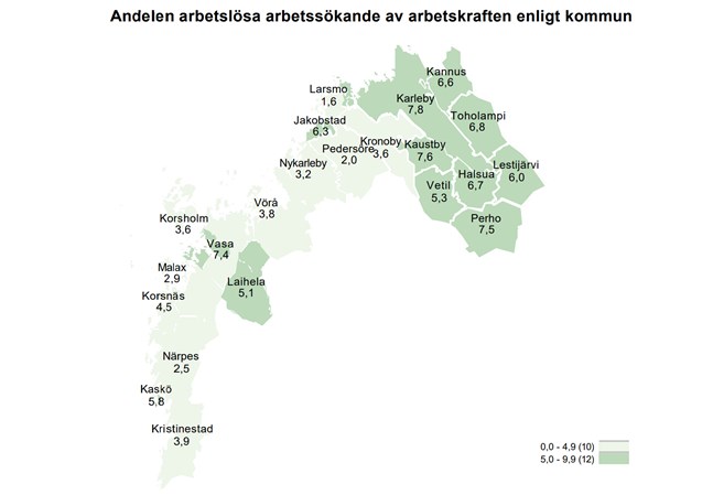 Nästan hela Österbotten är ljusgrönt, det vill säga har en arbetslöshetsgrad under 4,9 procent. I Mellersta Österbotten ligger alla över 5 procent.