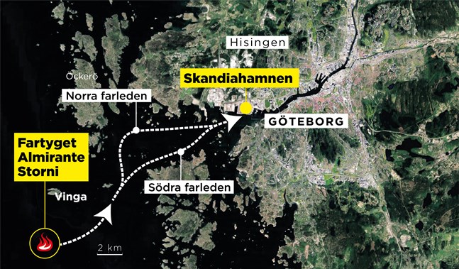 Planen har varit att bogsera Almirante Storni till Skandiahamnen i Göteborg när branden är släckt, eller nästan släckt. Men nu anser Kustbevakningen att fartyget behöver tas in från öppet hav snarast, för att branden ska kunna släckas.