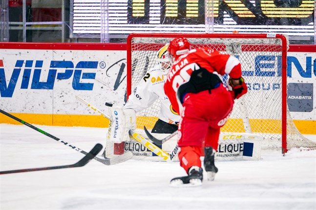 Muik-fostrade 19-åringen Joel Blomqvist imponerade i Kärpäts mål. Här sätter han stopp för Roope Talaja.