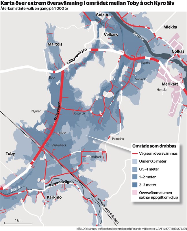 Modellering av en extrem och ovanligt förekommande översvämning i trakterna mellan Veikars och Toby i Korsholm.