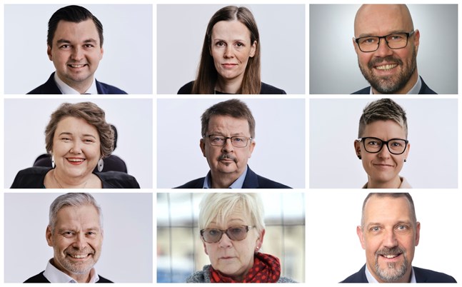 9 av de 59. Uppe från vänster: Joakim Strand (SFP), Johanna Borg (SFP), Kim Berg (SDP), Carola Lithén (SFP), Rainer Bystedt (SFP), Mia West (SFP), Kenth WIkström (SFP), Helinä Sipinen (Sannf) och Marko Heinonen (Saml).