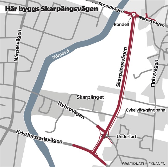 När den här kartan gjordes var inte beslutet om en rondell i korsningen Kristinestadsvägen-Närpesvägen ännu fattat. Men den blivande Skarpängsvägen ska avslutas med rondeller både i nord och syd.