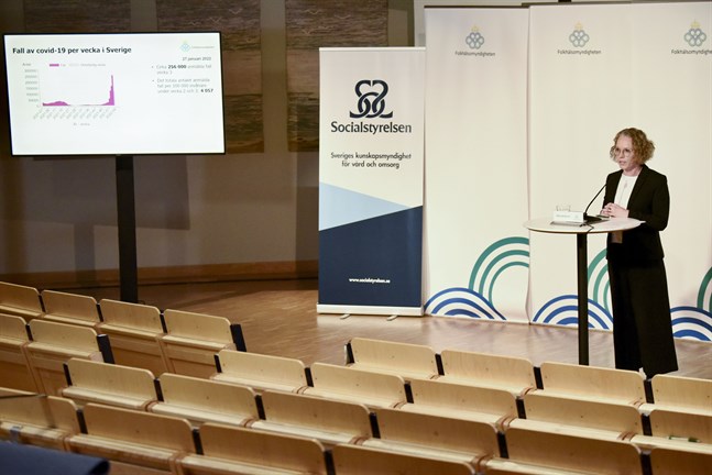 Britta Björkholm, avdelningschef på Folkhälsomyndigheten vid torsdagens presskonferens.