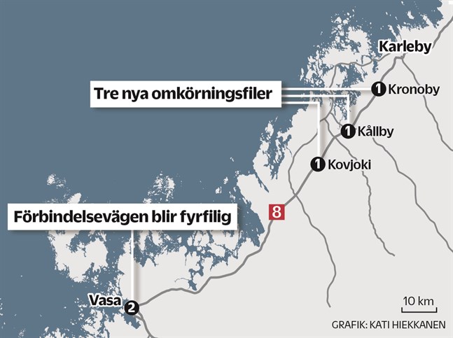 Tre nya omkörningsfiler på riksväg 8 och en ombyggnad av Vasa förbindelseväg till fyrfilig finns med i Trafikledsverkets nya investeringsprogram.