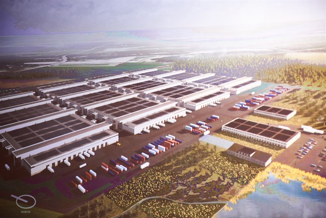 Första skissen någon på den batterifabrik som Freyr tänkt till Vasa. Fabriken ser ut att få fyra produktionslinjer, men uppgiften kunde inte bekräftas på måndagen.