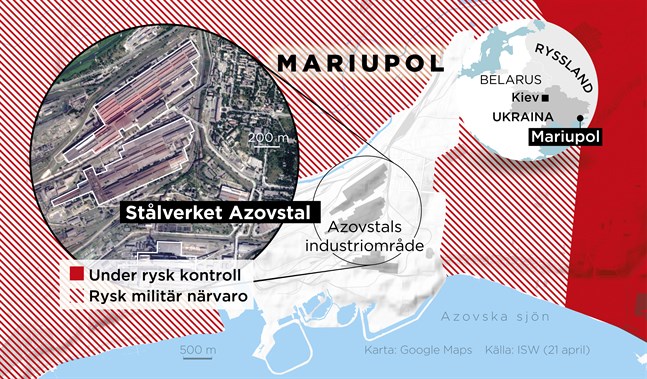 Läget runt Azovstals industriområde i Mariupol 21 april.