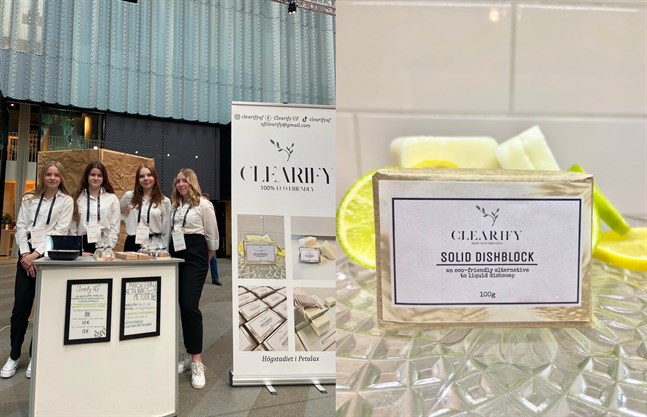 Fanny Rönnback, Matilda Pada, Elin Långgård och Nelly Salo prisades för årets bästa produkt i tävlingen Våga vara företagsam.