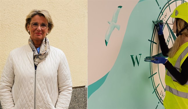 Monica Sirén-Aura (SFP) har alltid varit intresserad av konst. Hon har lett kommittén som valt ut konstverken till H-huset. Till höger konstnären Terhi Ekebom.