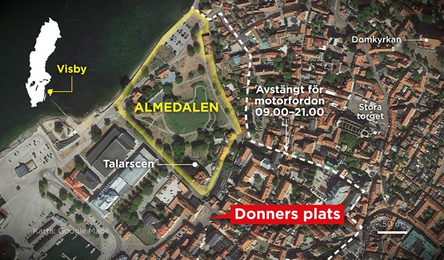 Kartan visar Donners plats nära Almedalen i Visby.