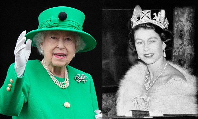Drottning Elizabeth II satt 70 år på tronen. Den vänstra bilden är från jubileumsfirande och den högra är från hennes första år som drottning. Arkivbild.