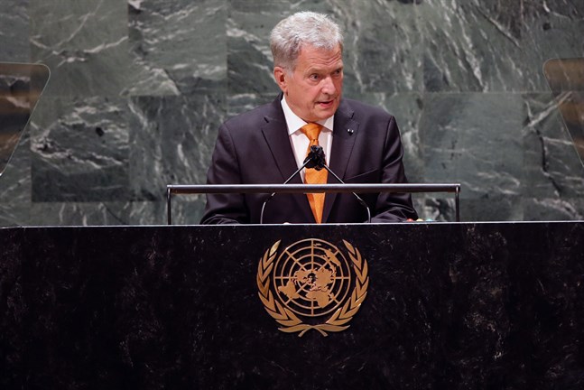 President Sauli Niinistö under FN:s 76:e generalförsamling 2021.