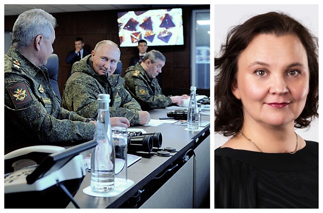 – Kreml vill visa att Ryssland kan slåss och kriga, säger forskningschef Hanna Smith om talet som president Putin höll till nationen på onsdagen. På bilden till vänster syns Putin tillsammans med försvarsminister Sergej Sjojgu.